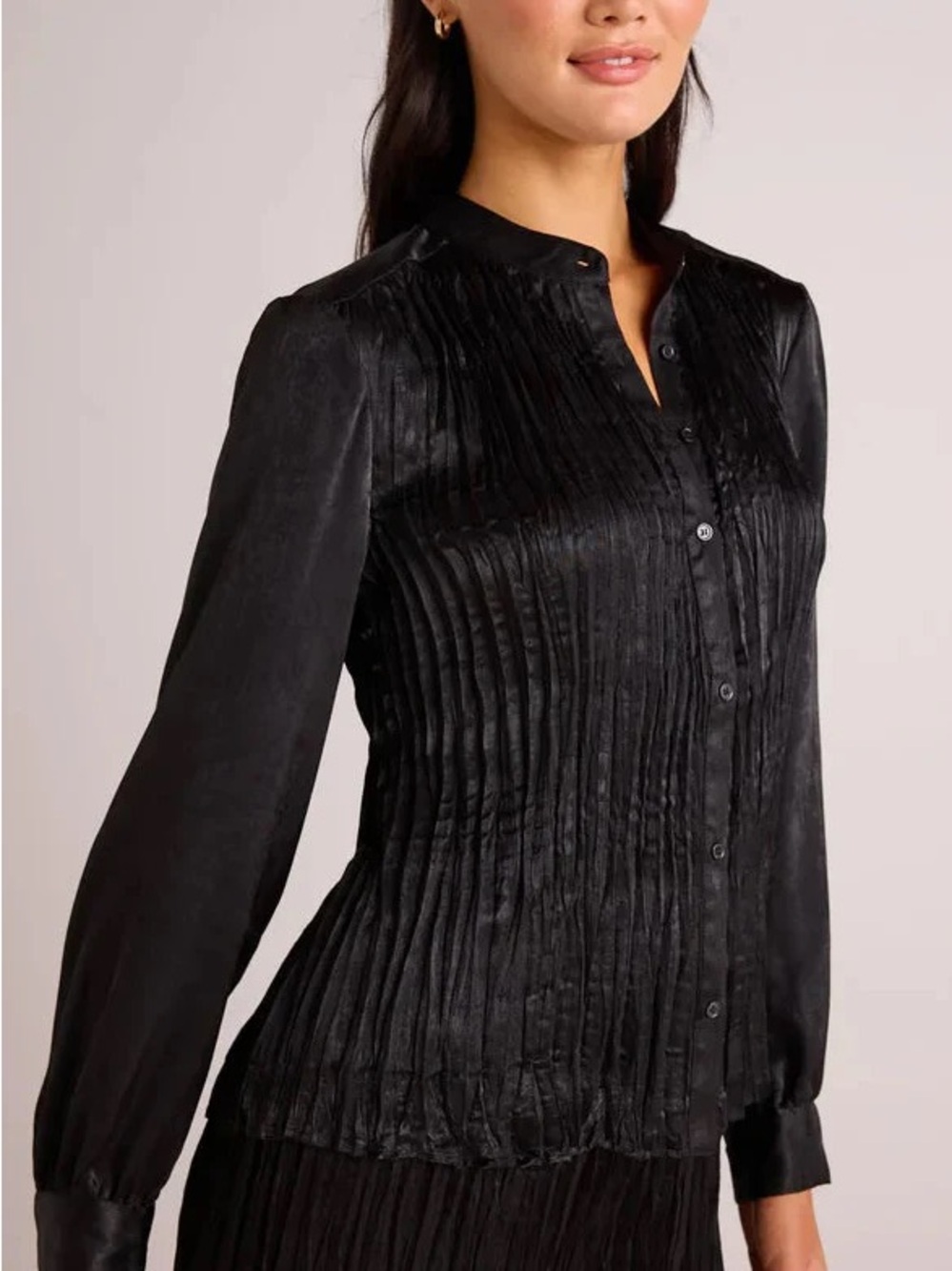 Bellah Dahl Pleated Black Button-Up Blouse S